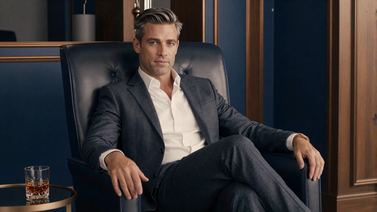 Successful executive seated in a midnight-blue members lounge, illustrating a premium sugar daddy dating profile