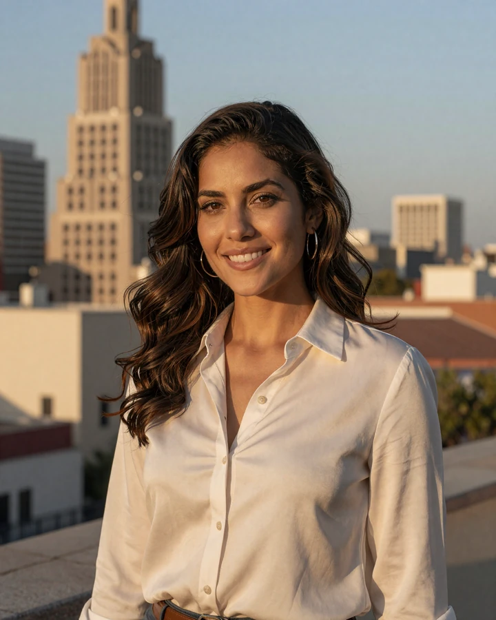 Verified SugarMatch member Elena on a downtown San Antonio rooftop at golden hour