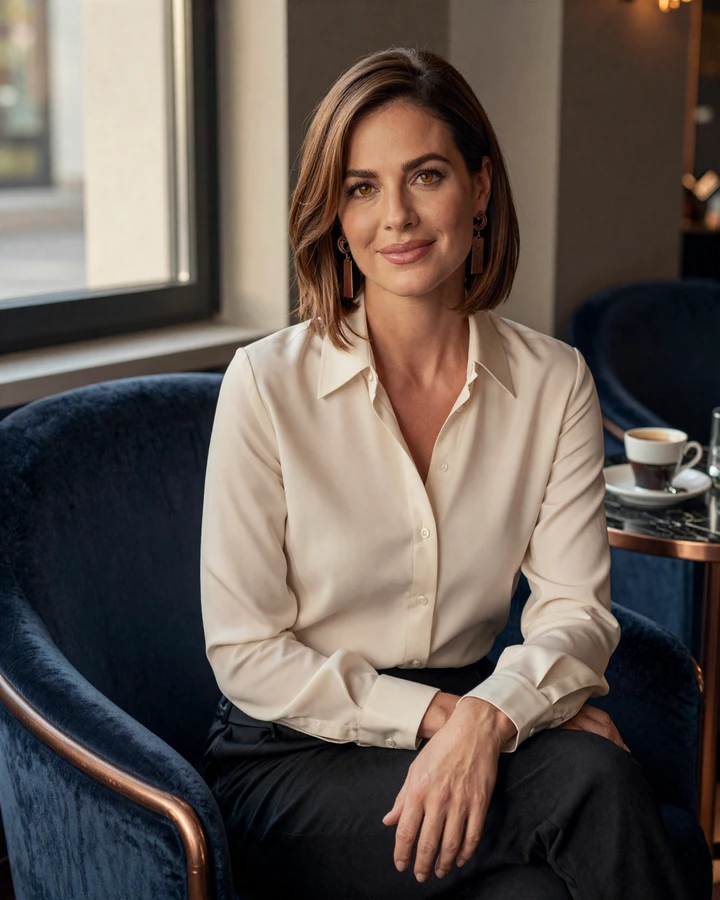 Elena, a verified SugarMatch sugar mama member relaxing at a private members lounge, illustrating the accomplished modern wealthy woman audience