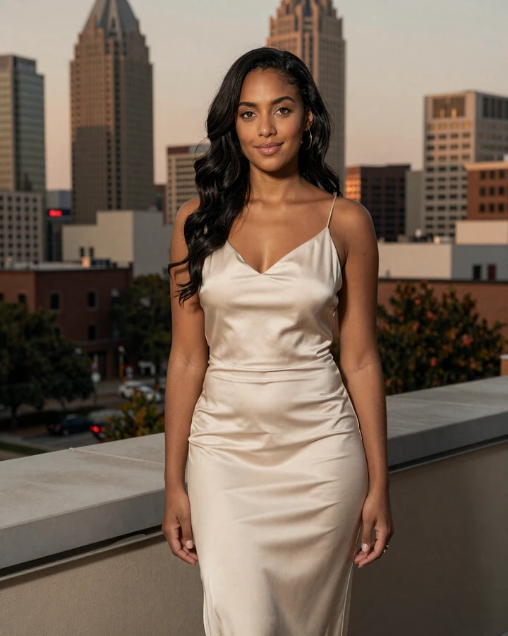 Verified SugarMatch sugar baby member Savannah on a Buckhead rooftop with the Atlanta skyline behind
