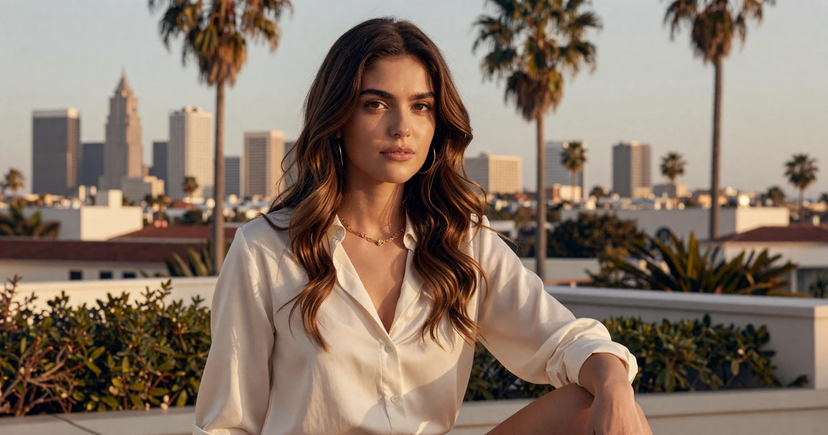 Verified SugarMatch sugar baby member Isabella on a Beverly Hills rooftop at golden hour