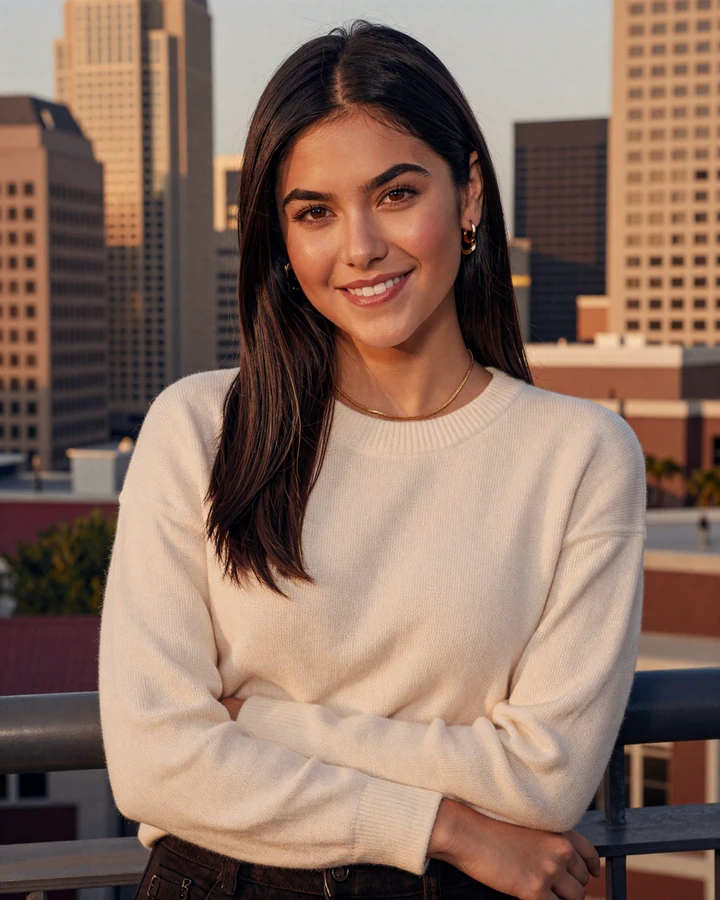 Verified SugarMatch sugar baby member Elena on a Highland Park rooftop with the Dallas skyline behind