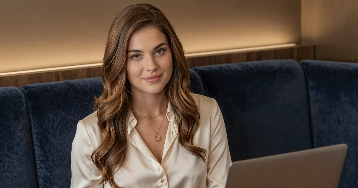 Aria, a verified SugarMatch sugar baby member relaxing at a private lounge, illustrating the modern confident sugar baby audience