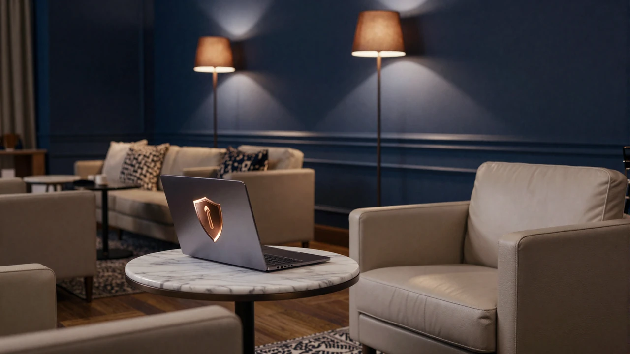 Private members lounge with a laptop showing a bronze verification shield, illustrating secure online dating sites and sugar dating privacy practices