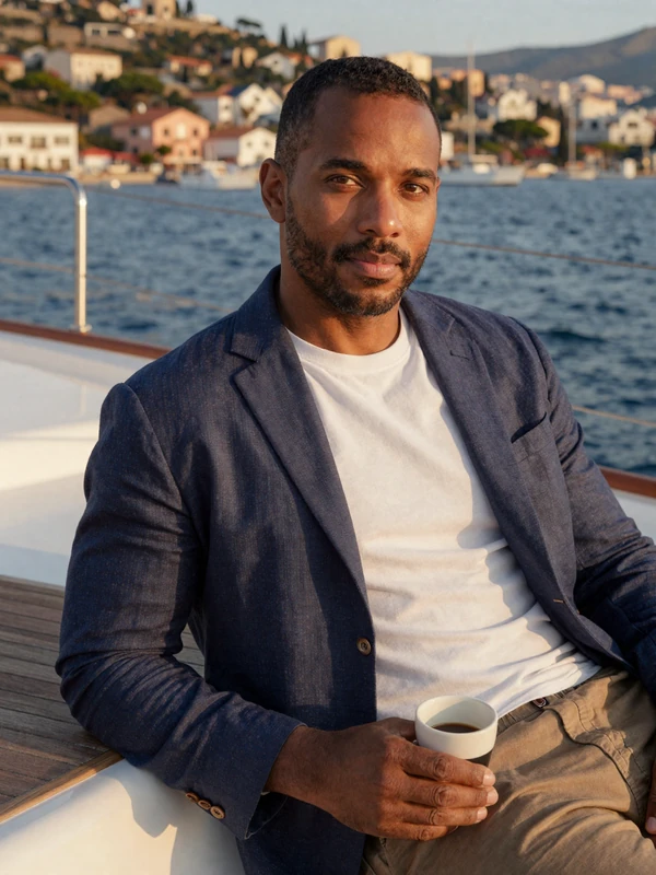Lifestyle dating profile photo on a sailing yacht at golden hour, signaling status with restraint