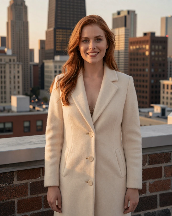 Verified SugarMatch member Eleanor on a Gold Coast Chicago rooftop at dusk with the city skyline behind her