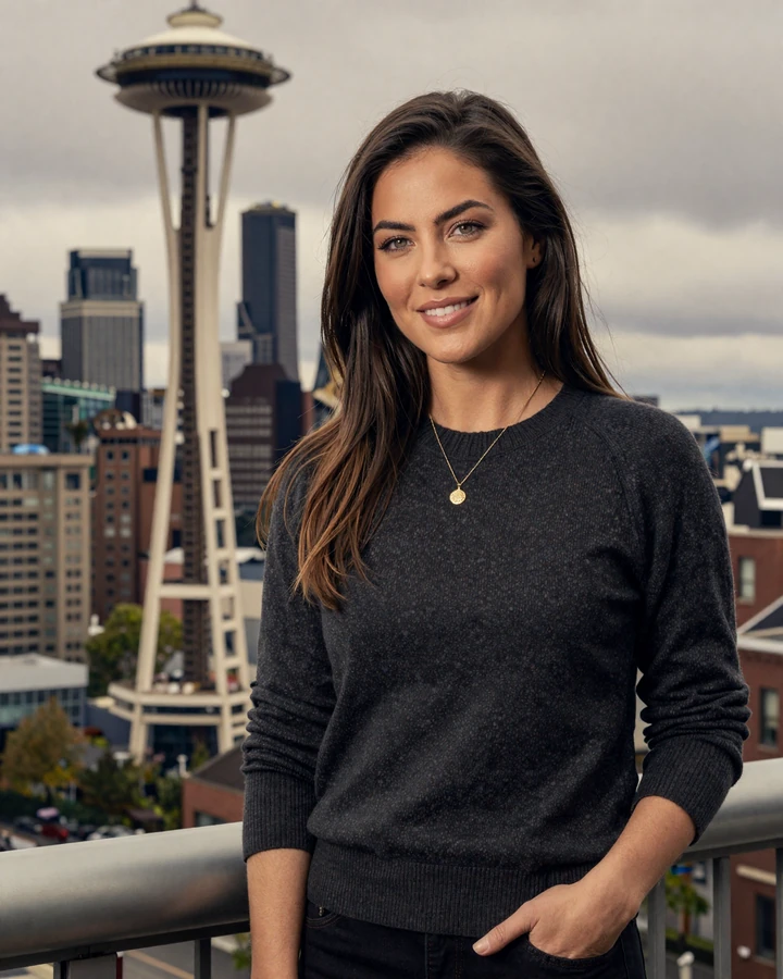 Verified SugarMatch member on a Seattle skyline rooftop with Space Needle in background