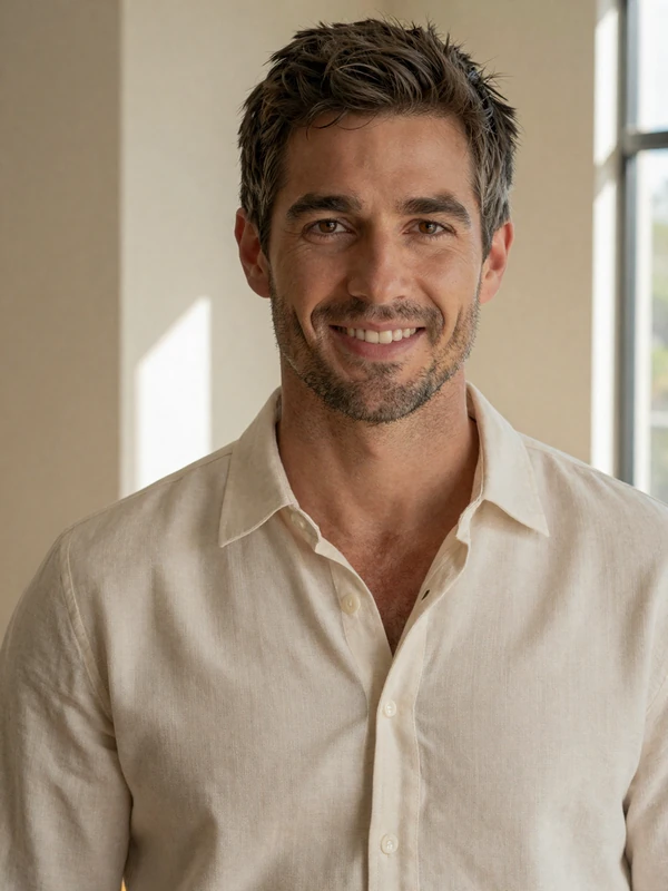Editorial portrait photo example for a sugar daddy dating profile, soft natural light