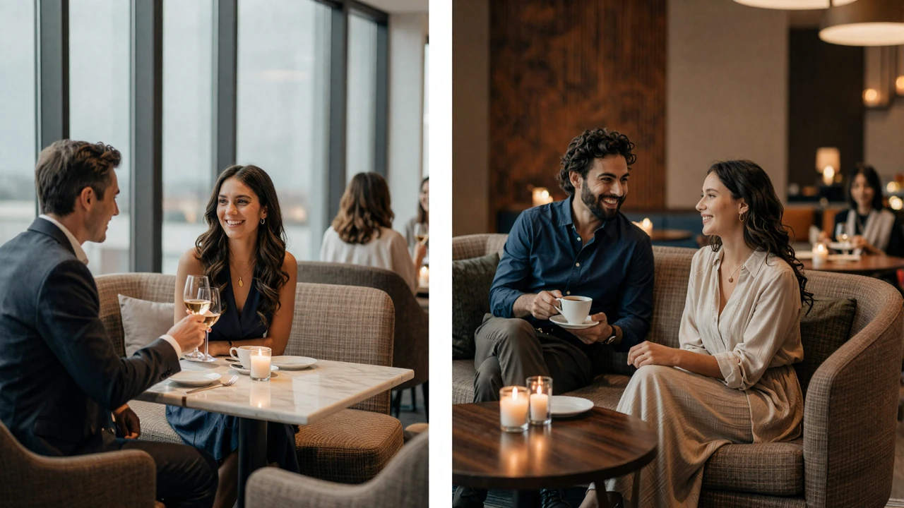 Editorial split image contrasting a long term sugar relationship and traditional dating inside a SugarMatch members lounge
