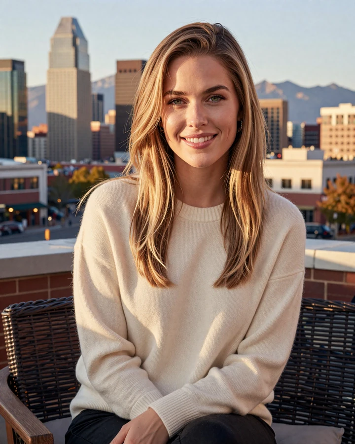 Verified SugarMatch Denver member Lauren on a Cherry Creek rooftop with the Rocky Mountains at golden hour