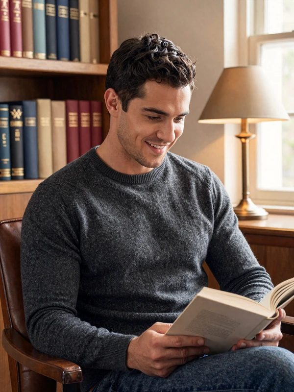 Candid dating profile photo of a man reading in a warm study, conveying intellect and calm