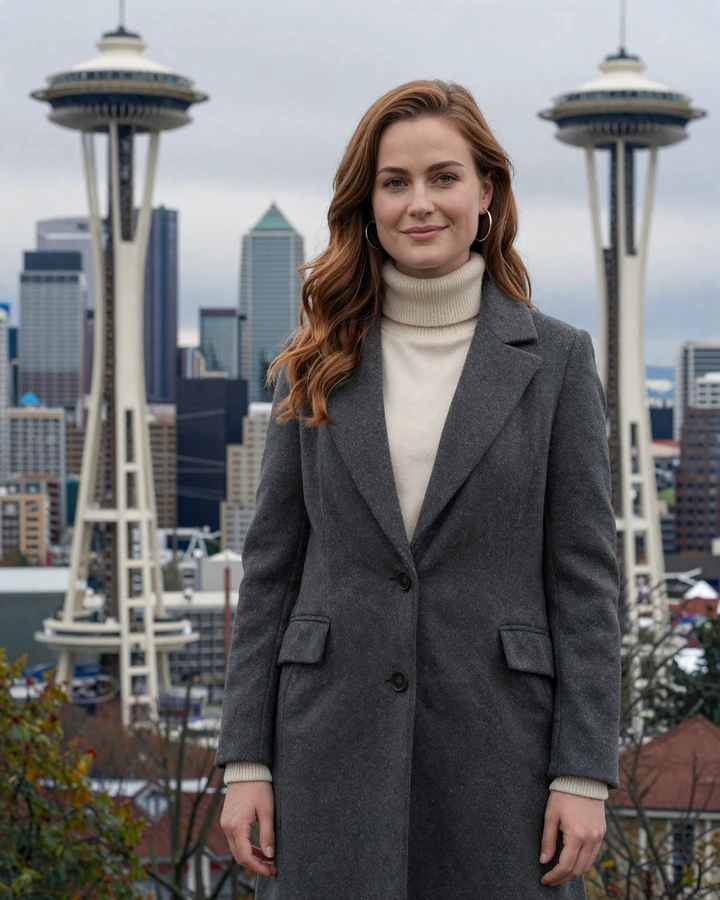 Verified SugarMatch sugar baby member Elise on a Queen Anne overlook with the Seattle skyline behind