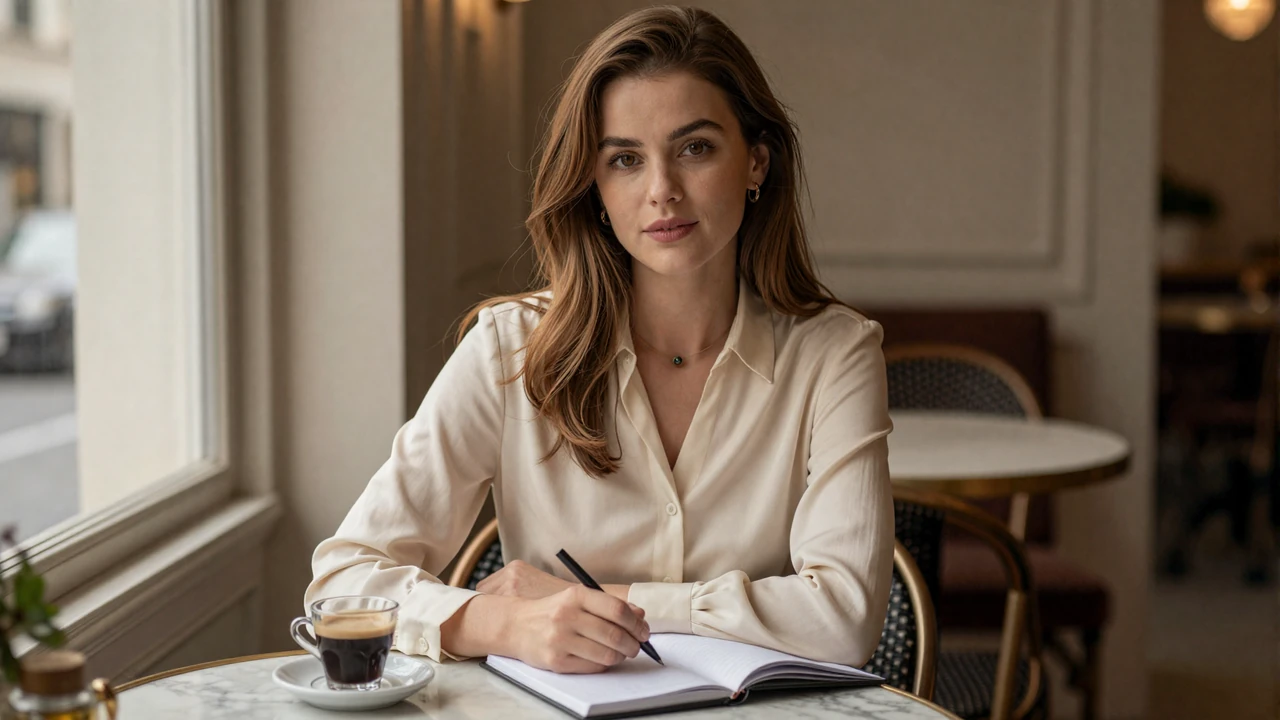 Verified SugarMatch member reading a profile on her phone in a sunlit private members lounge, illustrating what women seeking older men prioritize in 2026